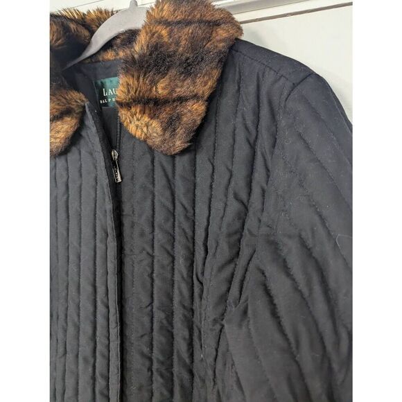 Lauren Ralph Lauren Quilted Jacket women's size Large‎ black faux fur leopard - Picture 2 of 7